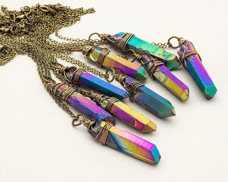 White Rainbow Aura Quartz Crystal Necklace & Other Styles - Mystical Rose Gems