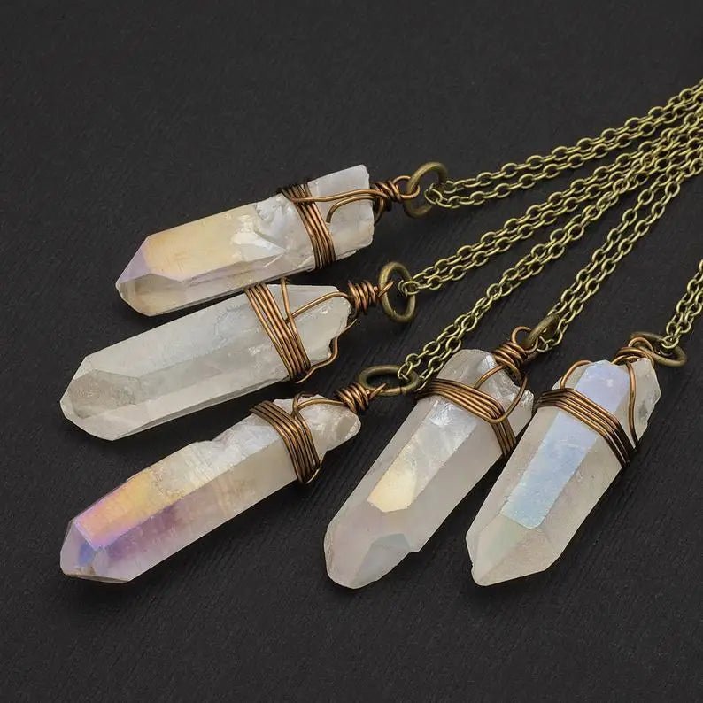 White Rainbow Aura Quartz Crystal Necklace & Other Styles - Mystical Rose Gems