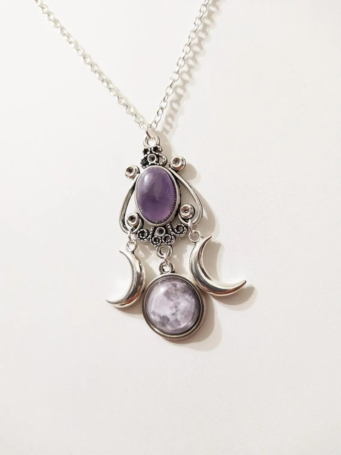 Amethyst Triple Moon Wiccan Pendant Necklace - Mystical Rose Gems