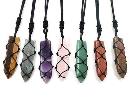 Black Hemp Wrapped Natural Crystal Necklaces - Mystical Rose Gems