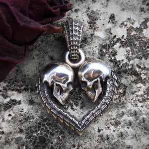 Double Skull Heart Pendant in Silver - Mystical Rose Gems