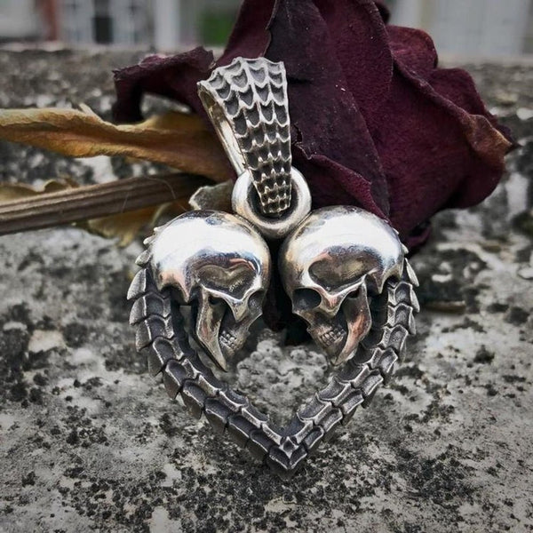 Double Skull Heart Pendant in Silver - Mystical Rose Gems