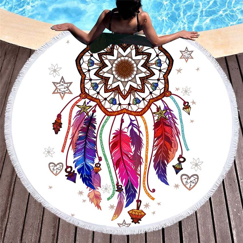 Dreamcatcher Feather Printed Round Beach Towel - Mystical Rose Gems