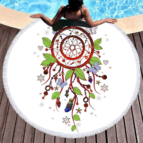 Dreamcatcher Feather Printed Round Beach Towel - Mystical Rose Gems