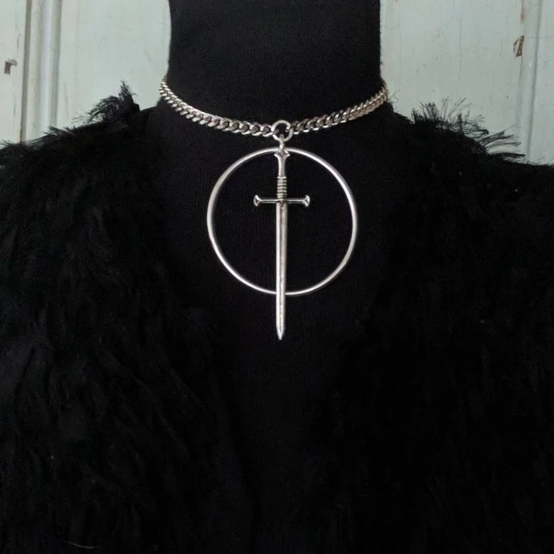 Gothic Silver Sword Circle Pendant Necklace - Mystical Rose Gems