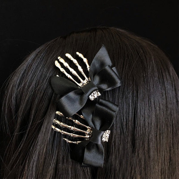 Gothic Skeleton Hand Bow Hair Clip - Mystical Rose Gems