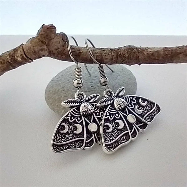 Gothic Vintage Moon Moth Earrings - Mystical Rose Gems