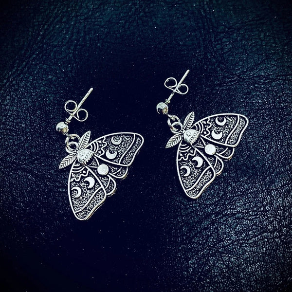 Gothic Vintage Moon Moth Earrings - Mystical Rose Gems