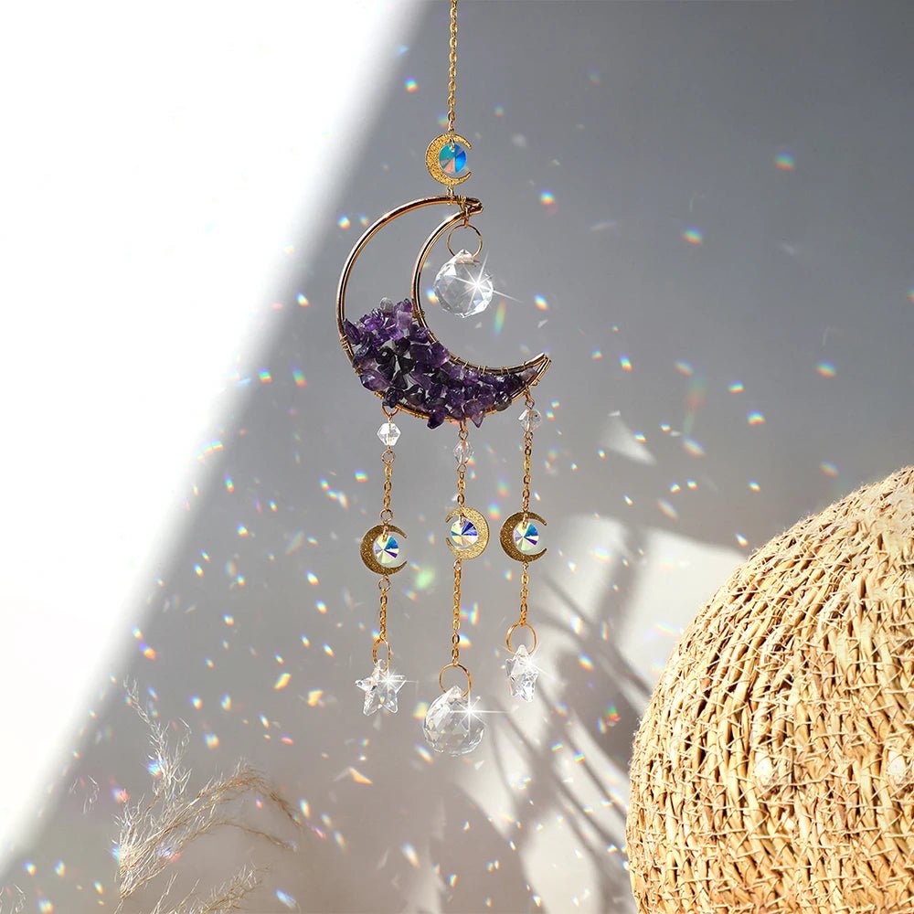 Hanging Crescent Moon Prism Suncatcher with Natural Stones - Mystical Rose Gems