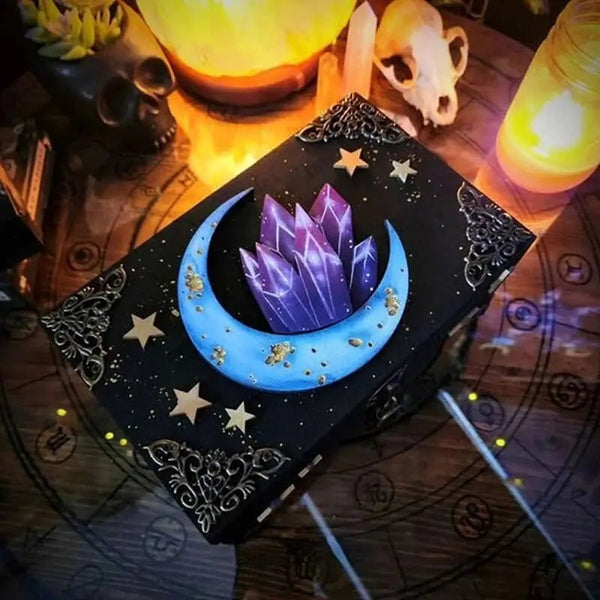Hidden Key Wooden Trinket Box with Moon and Crystal Design - Mystical Rose Gems