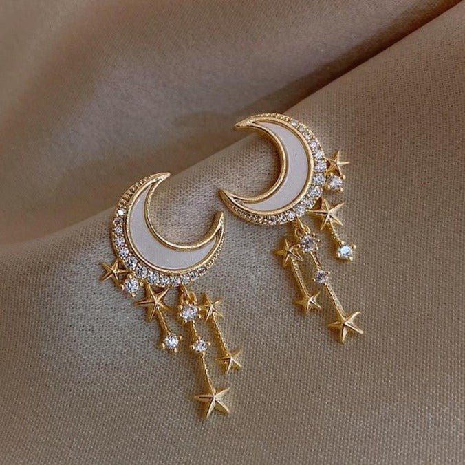 Moon and Stars Dangle Earrings - Gold - Mystical Rose Gems