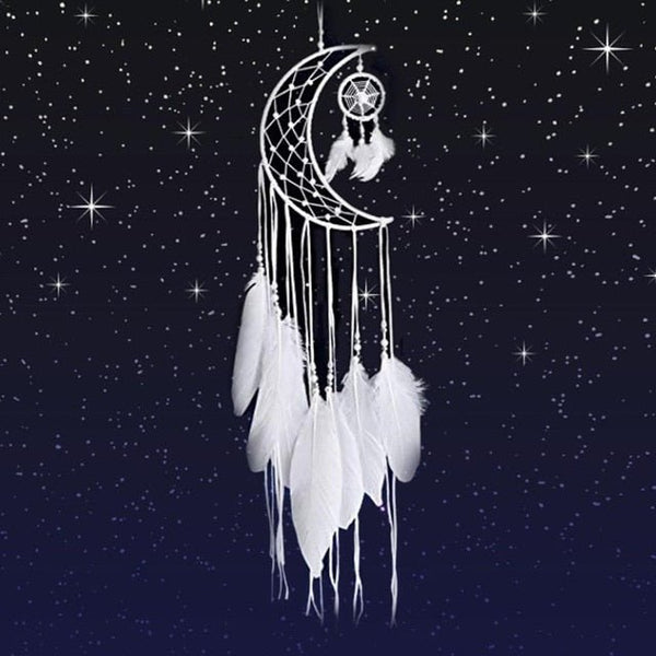 Moon Dreamcatcher with Feathers - Mystical Rose Gems