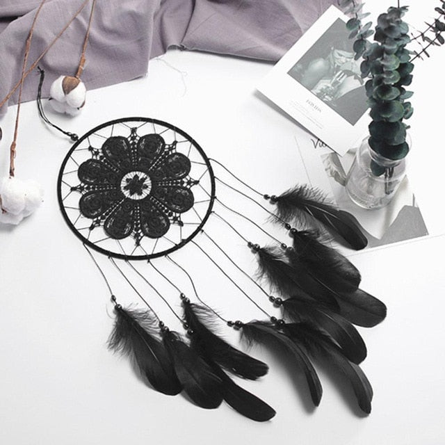 Moon Dreamcatcher with Feathers - Mystical Rose Gems