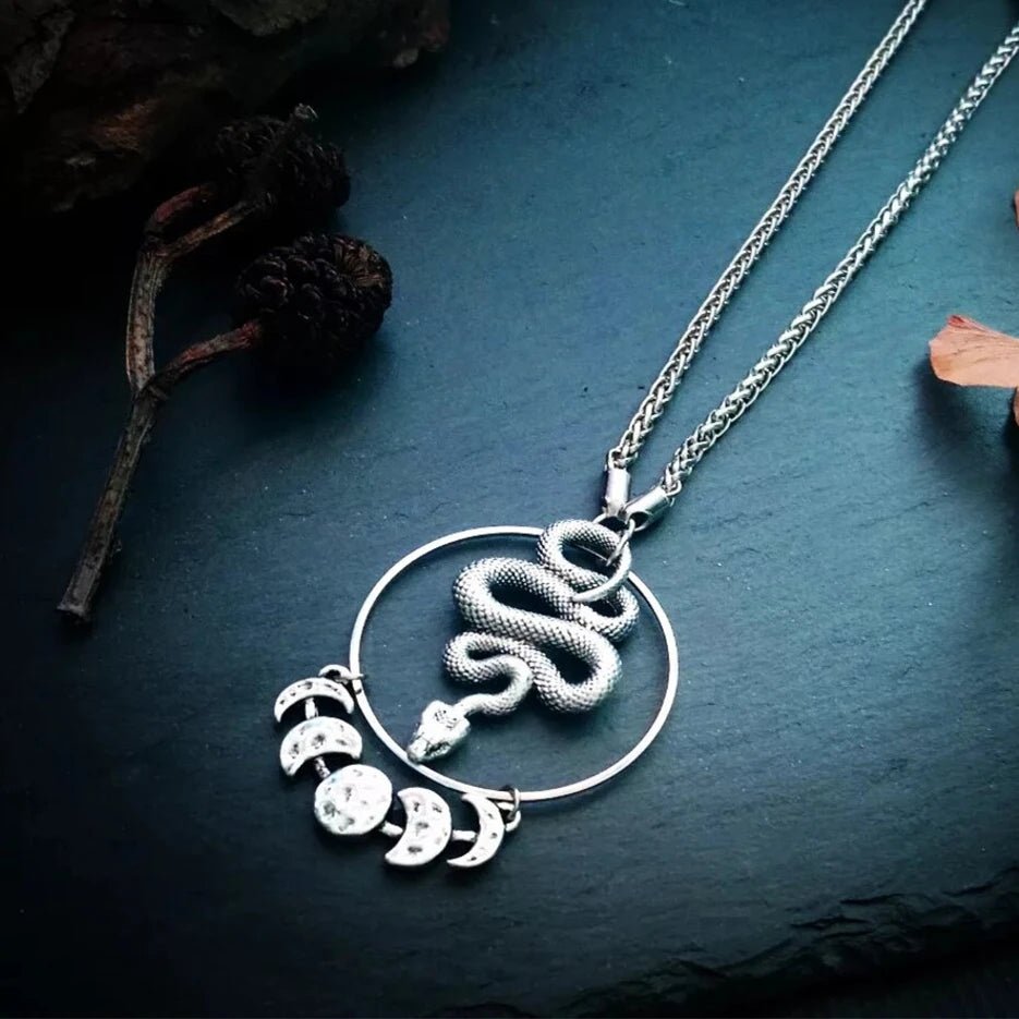 Moon Phase and Rebirth Serpent Snake Necklace - Mystical Rose Gems