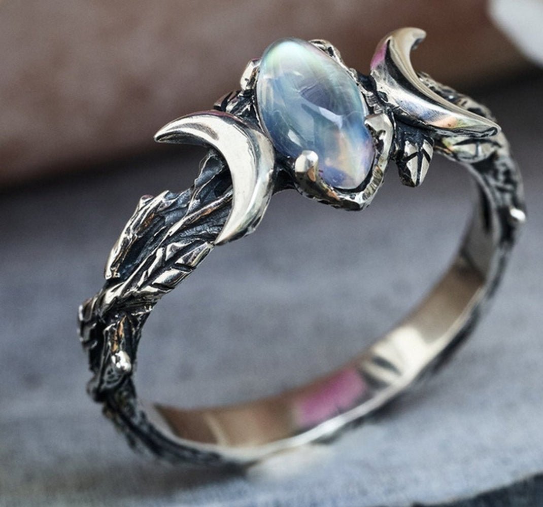Moonstone Crescent Moon Ring - Mystical Rose Gems
