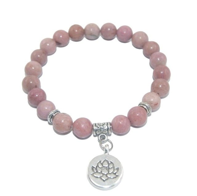 Natural Stone Lotus Charm Bracelet - Mystical Rose Gems