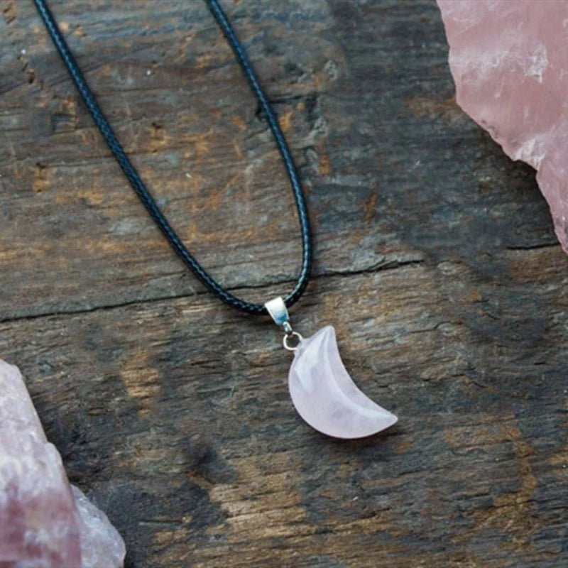 Polished Rose Quartz Moon Necklace - Mystical Rose Gems