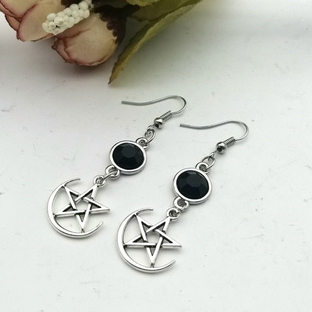 Silver + Black Pentagram Earrings with Moons / Suns - Mystical Rose Gems