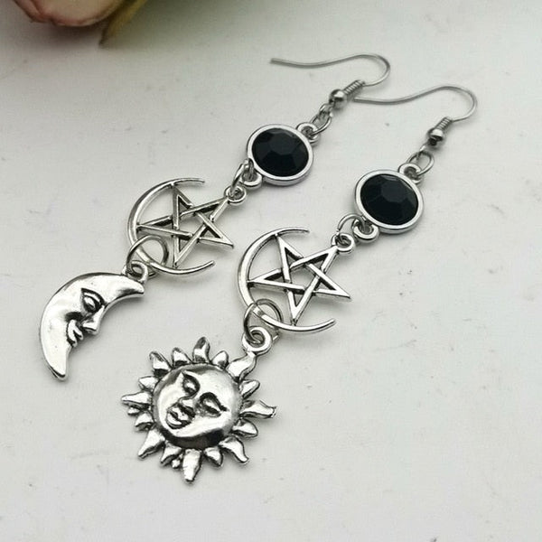 Silver + Black Pentagram Earrings with Moons / Suns - Mystical Rose Gems