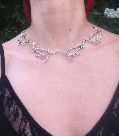 Silver Branch Necklace with Crystal Pendant - Mystical Rose Gems