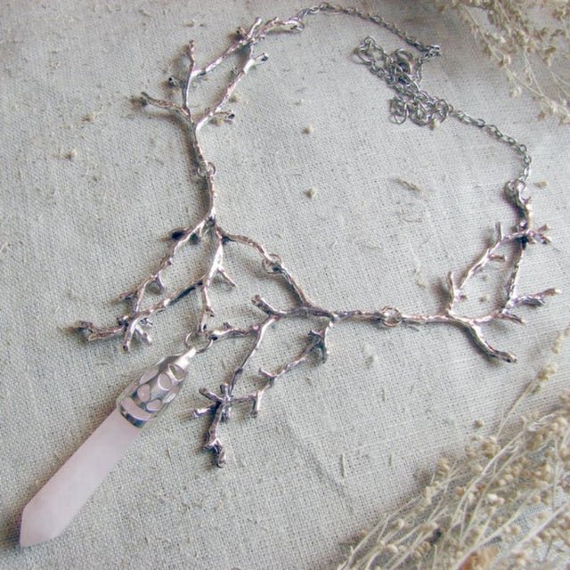 Silver Branch Necklace with Crystal Pendant - Mystical Rose Gems