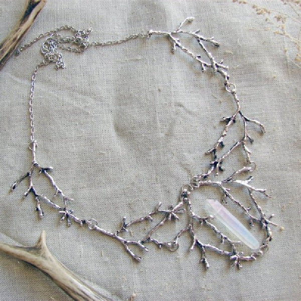 Silver Branch Necklace with Crystal Pendant - Mystical Rose Gems