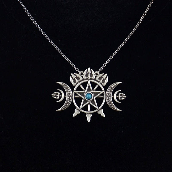 Silver Triple Crescent Moon Pentagram Necklace - Mystical Rose Gems