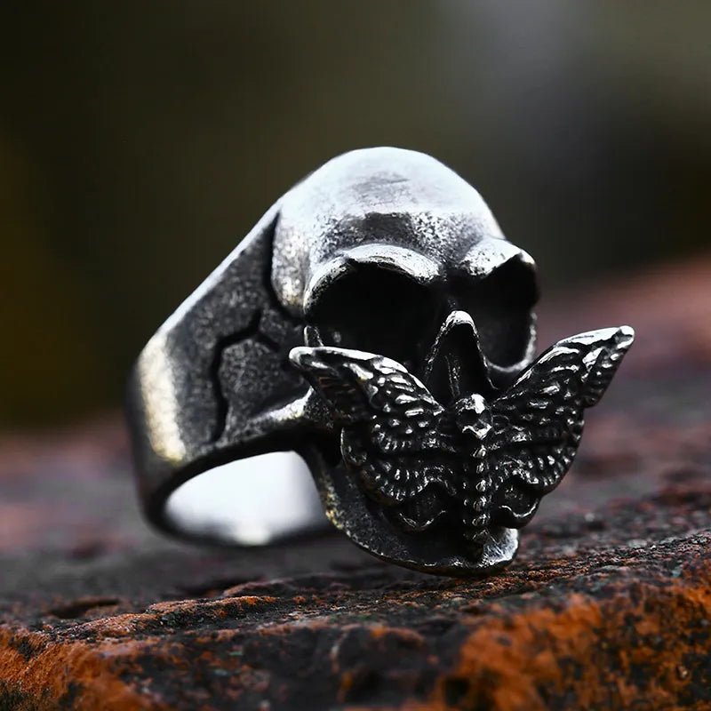Stainless Steel Antiqued Skull Moth Ring - Mystical Rose Gems