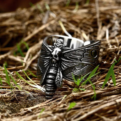 Stainless Steel Antiqued Skull Moth Ring - Mystical Rose Gems