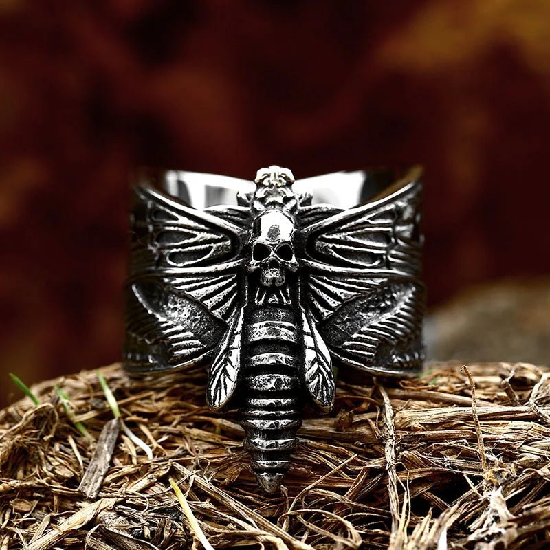 Stainless Steel Antiqued Skull Moth Ring - Mystical Rose Gems