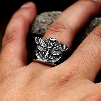 Stainless Steel Antiqued Skull Moth Ring - Mystical Rose Gems