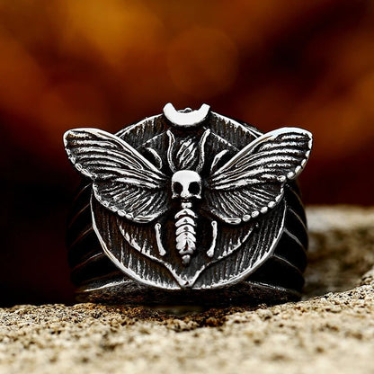 Stainless Steel Antiqued Skull Moth Ring - Mystical Rose Gems