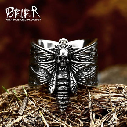 Stainless Steel Antiqued Skull Moth Ring - Mystical Rose Gems