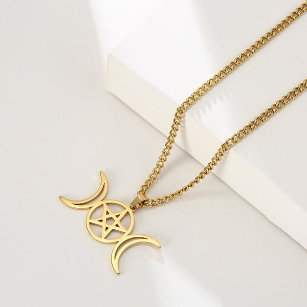 Stainless Steel or Gold Triple Moon Goddess Necklace - Mystical Rose Gems