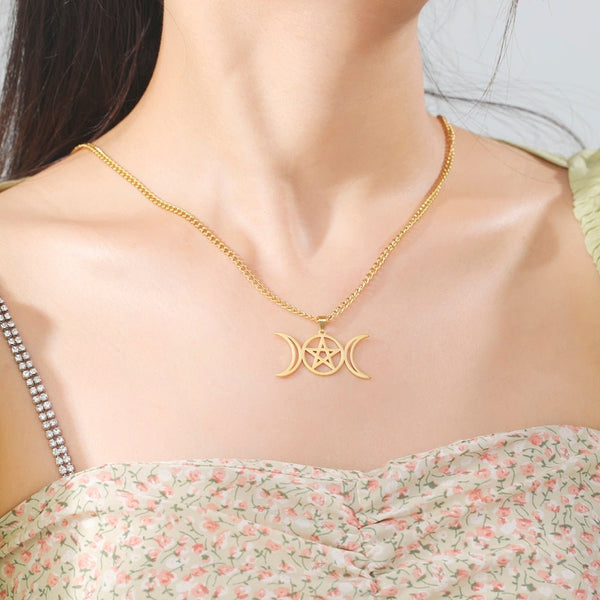 Stainless Steel or Gold Triple Moon Goddess Necklace - Mystical Rose Gems