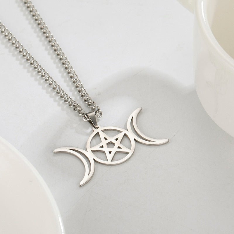 Amazon.com: Sterling Silver Triple Moon Goddess Triquetra Pentacle Knot  Necklace Pagan Wicca Pendant Necklace : Clothing, Shoes & Jewelry