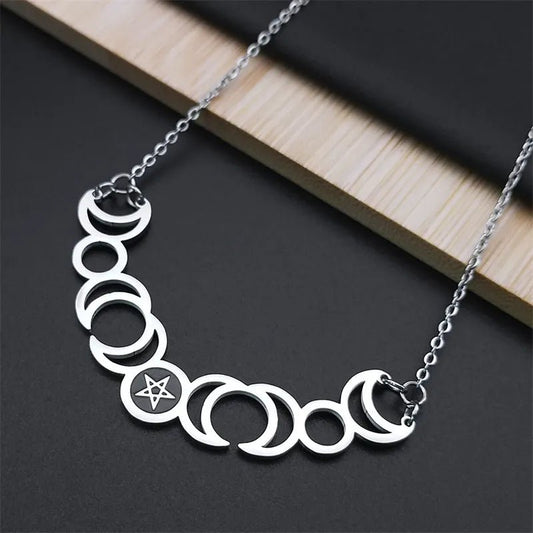 Triple Moon Goddess Pentagram Necklace Stainless Steel - Mystical Rose Gems
