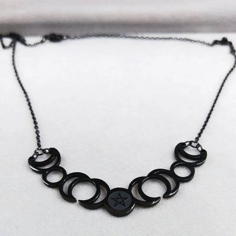 Triple Moon Goddess Pentagram Necklace Stainless Steel - Mystical Rose Gems