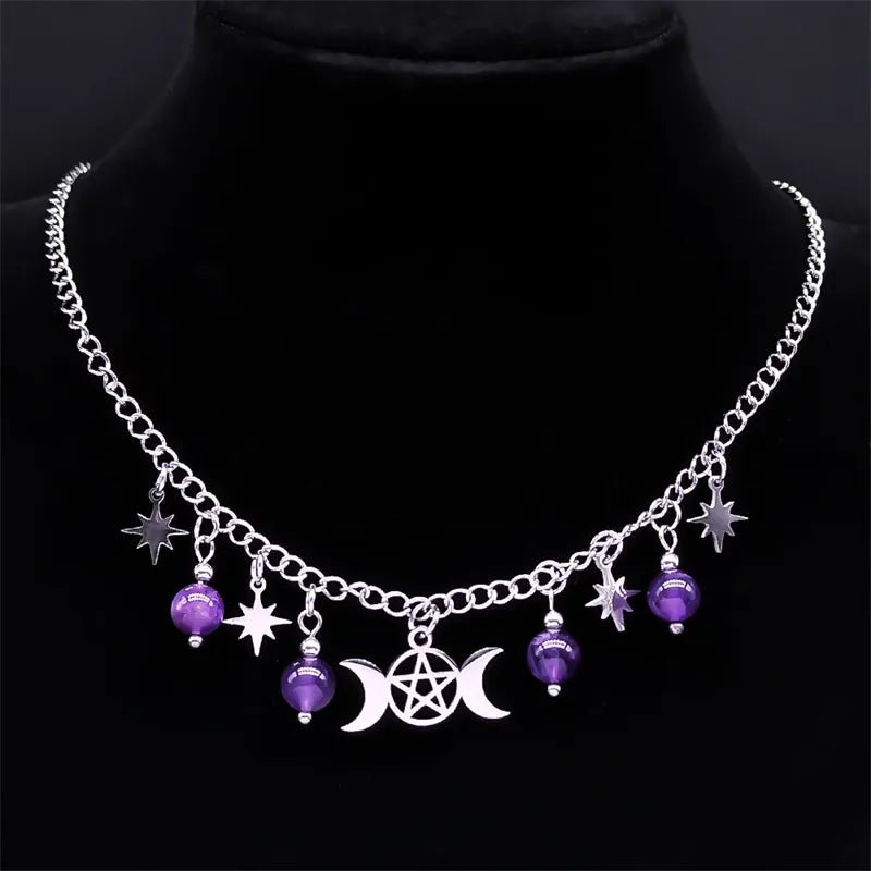 Triple Moon Goddess Pentagram Necklace with Amethyst Beads - Mystical Rose Gems