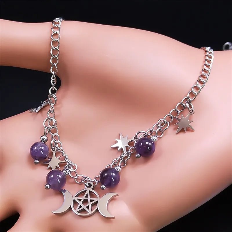Triple Moon Goddess Pentagram Necklace with Amethyst Beads - Mystical Rose Gems
