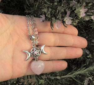 Triple Moon Necklace with Pink Quartz Heart - Mystical Rose Gems