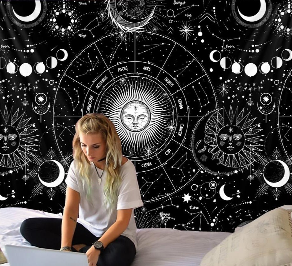 White or Black Sun Moon Mandala Zodiac Tapestry - Mystical Rose Gems