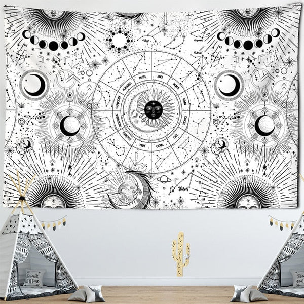 White or Black Sun Moon Mandala Zodiac Tapestry - Mystical Rose Gems