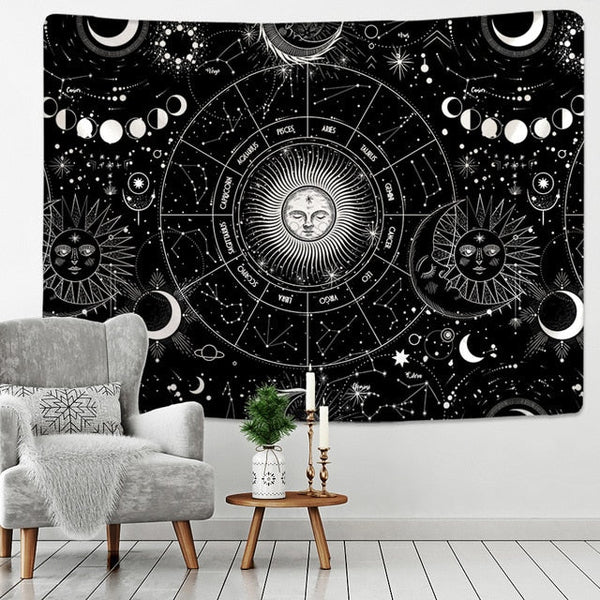 White or Black Sun Moon Mandala Zodiac Tapestry - Mystical Rose Gems