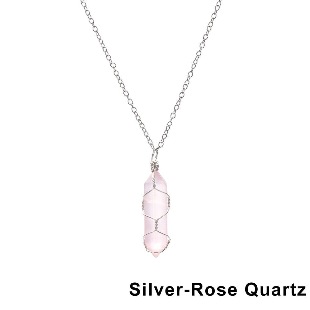 Wire Wrapped Healing Crystal Pendant Necklace - Mystical Rose Gems