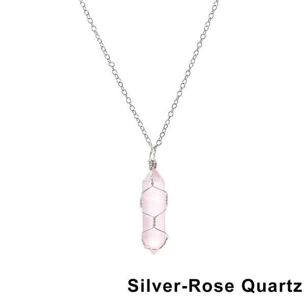 Wire Wrapped Healing Crystal Pendant Necklace - Mystical Rose Gems